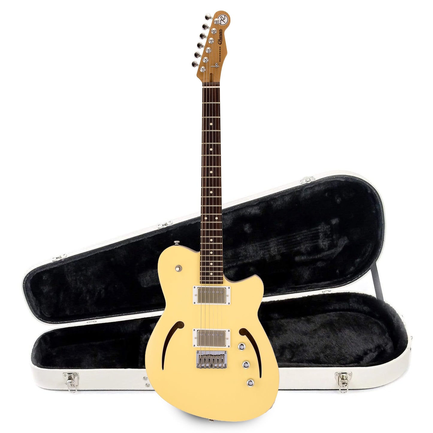 Reverend Charger Air HH Electric Guitar Powder Yellow and Teardrop Two Tone Case Bundle