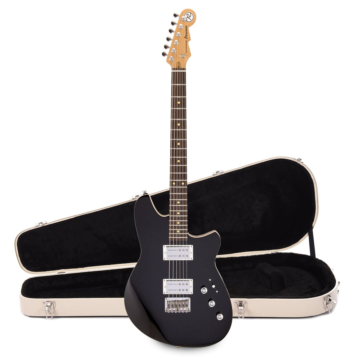 Reverend Descent Baritone Electric Guitar Midnight Black and Teardrop Two Tone Case Bundle