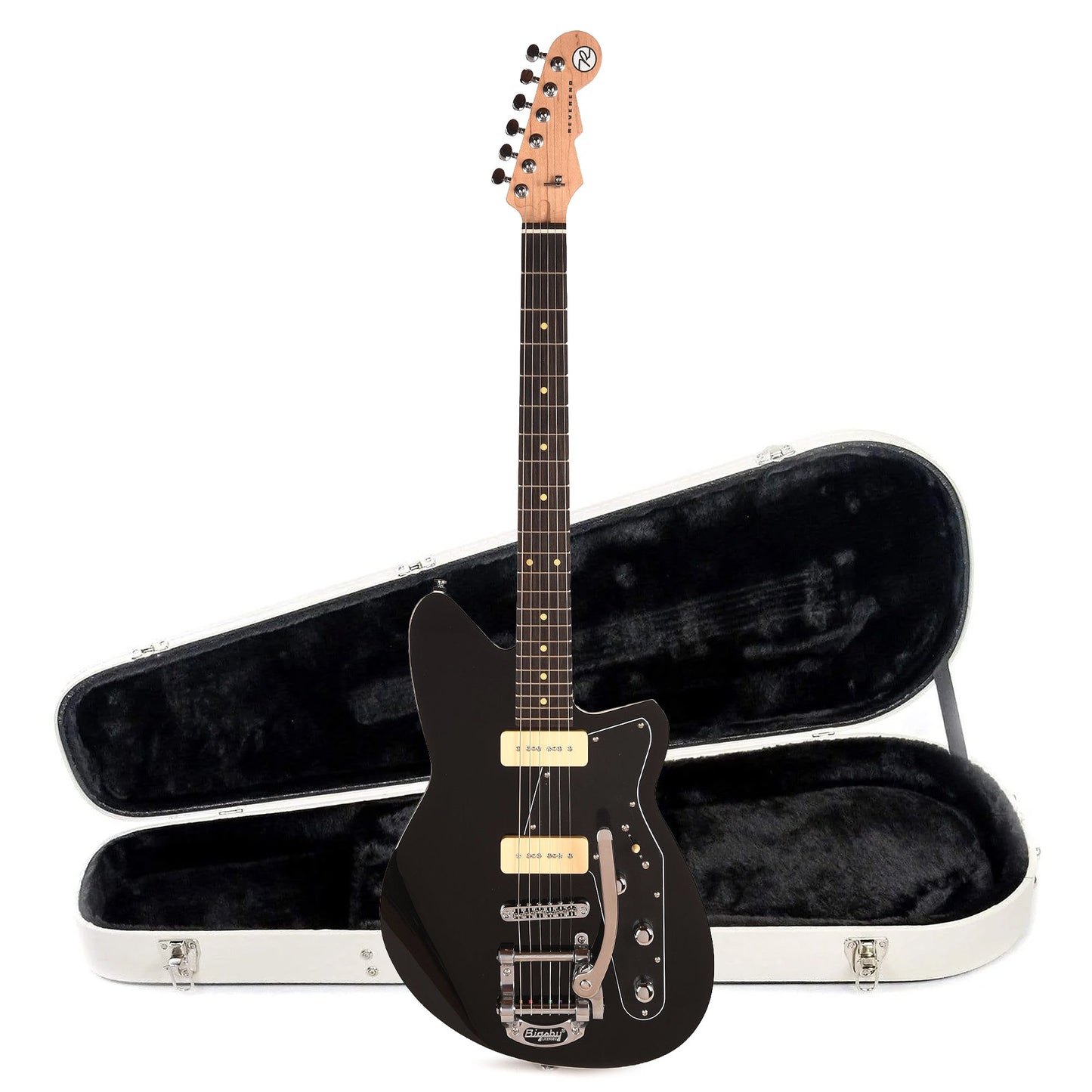 Reverend Jetstream 290 w/ Bigsby Electric Guitar Midnight Black and Teardrop Two Tone Case Bundle
