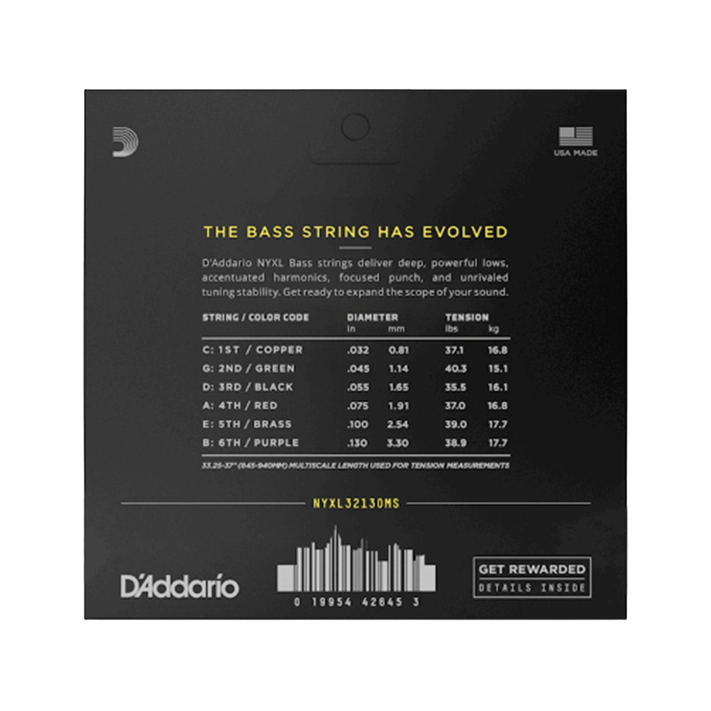 D'Addario NYXL Bass String Set Regular Light 6-String Multiscale 32-130