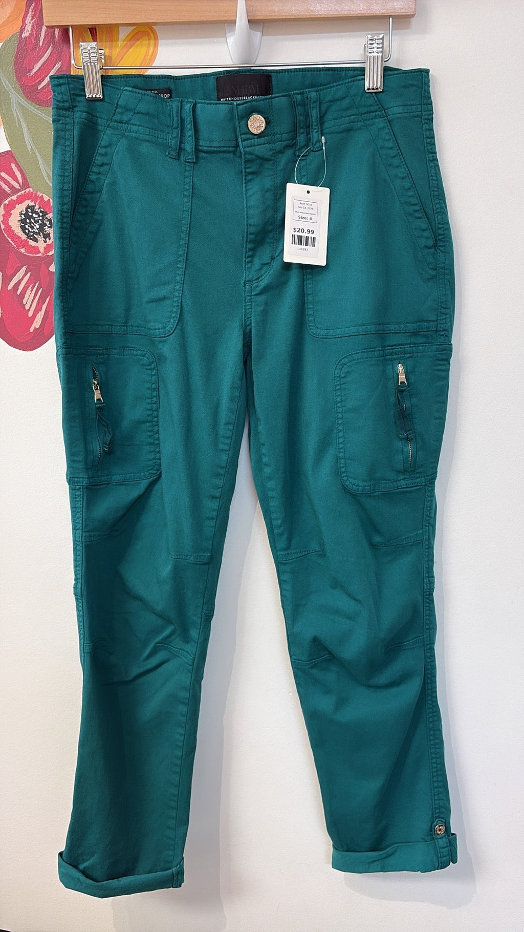 White House Black Market Green Mid Rise Straight Crop 25" Inseam Cuffed Jeans, 4