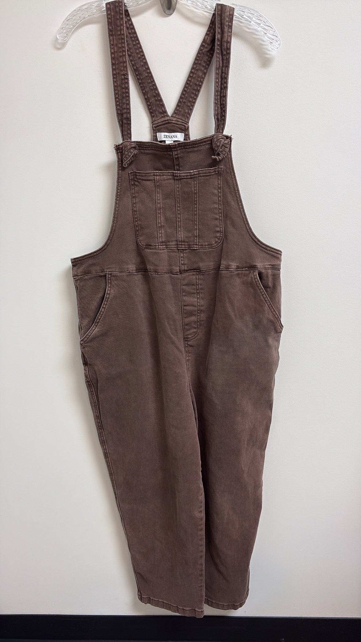 Zenana Brown Denim 24" Inseam Overalls, L