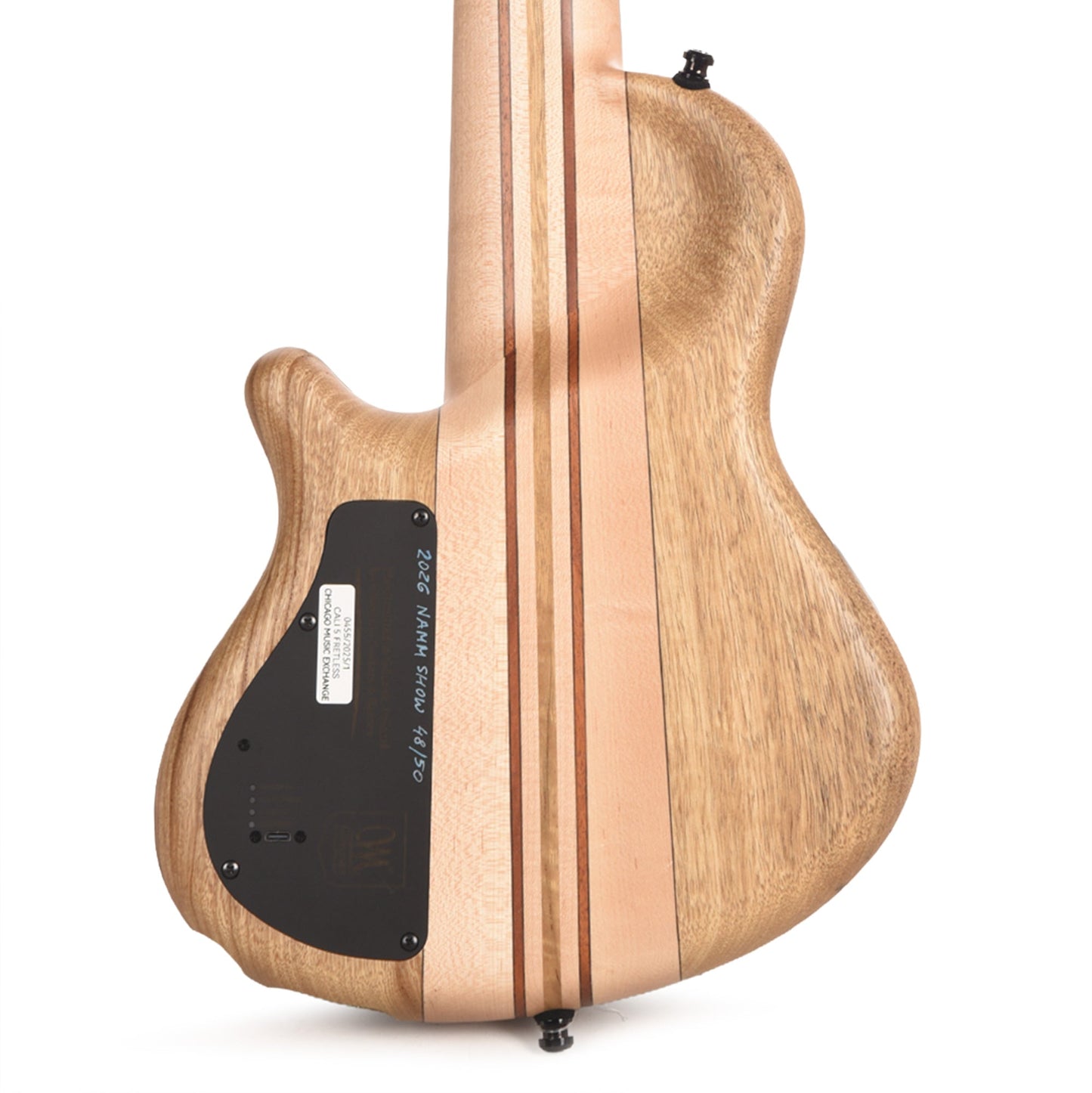 Mayones Cali 5 3A Flame Maple/Black Limba Custom Purple Partial Fretless (Displayed at NAMM 2026)