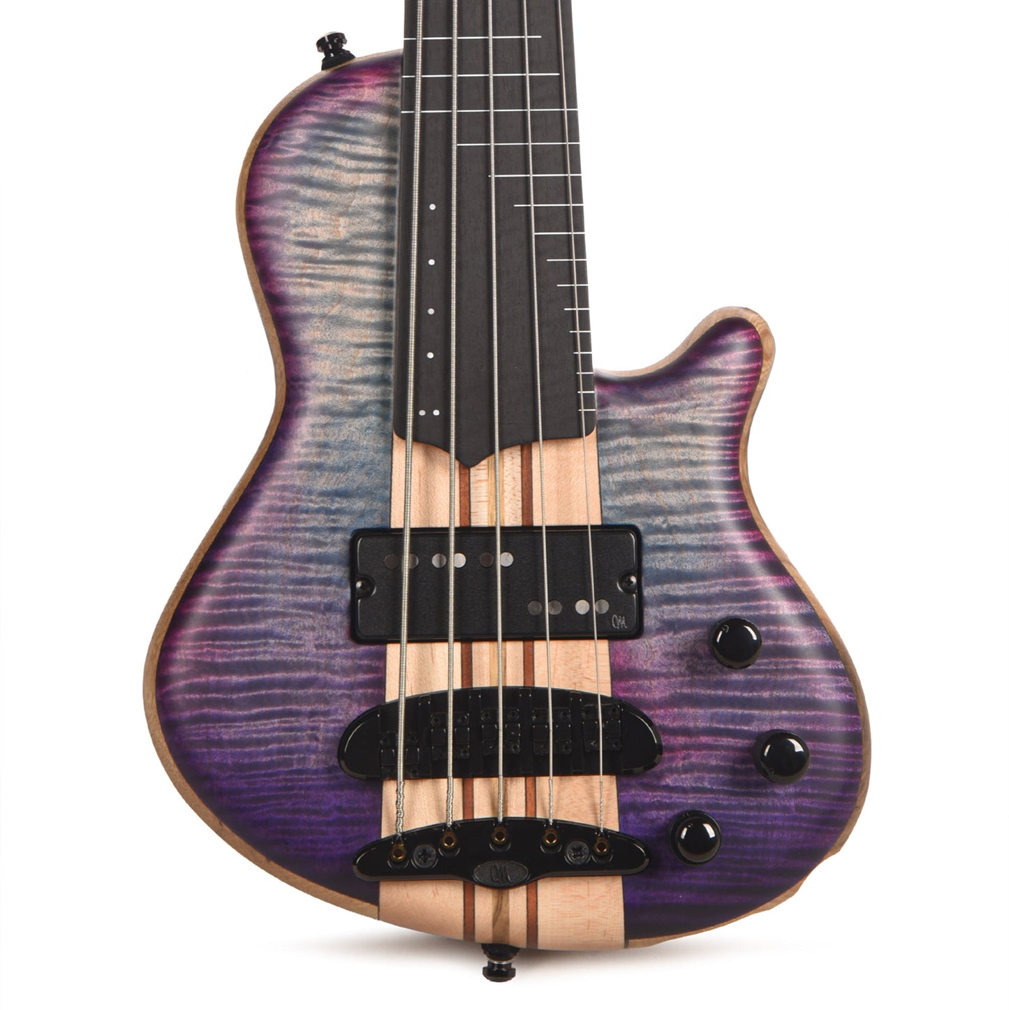 Mayones Cali 5 3A Flame Maple/Black Limba Custom Purple Partial Fretless (Displayed at NAMM 2026)