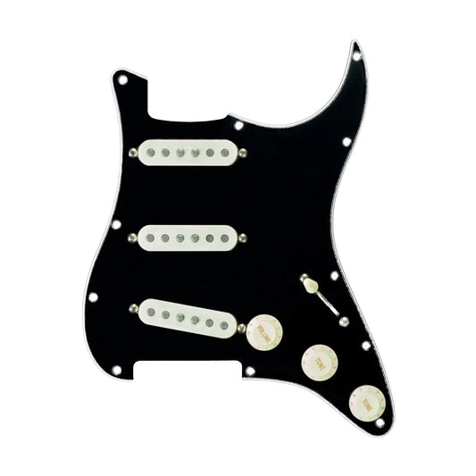 Mojotone Rene Martinez Quiet Coil Texas Strat Prewired Pickguard 3-Ply Black w/Parchment Covers