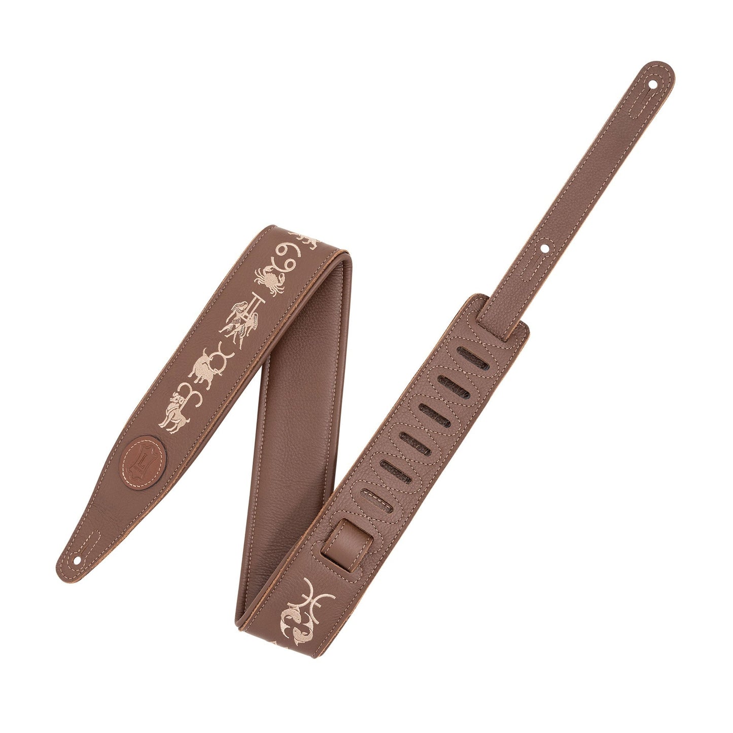 Levy's 2.5" Garment Leather Guitar Strap Brown w/Embroidered Zodiac Signs