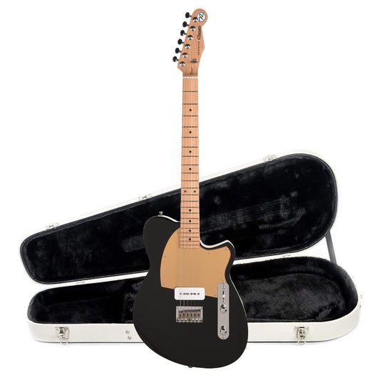Reverend Charger JR Electric Guitar Midnight Black and Teardrop Two Tone Case Bundle