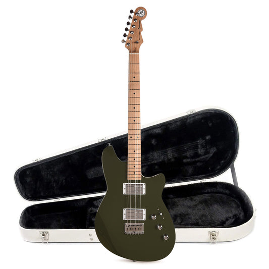 Reverend Descent Baritone Electric Guitar Army Green and Teardrop Two Tone Case Bundle