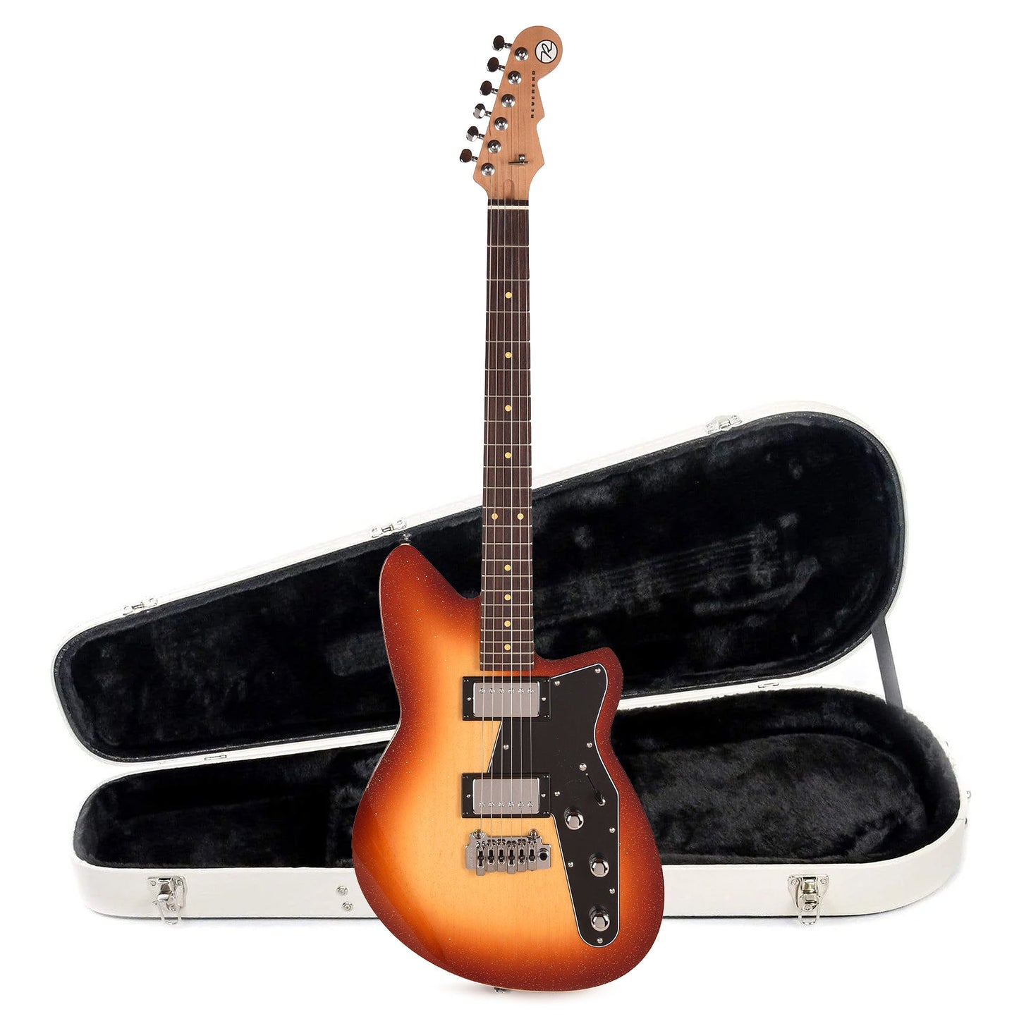 Reverend Jetstream HB Electric Guitar Fire Burst Sparkle and Teardrop Two Tone Case Bundle