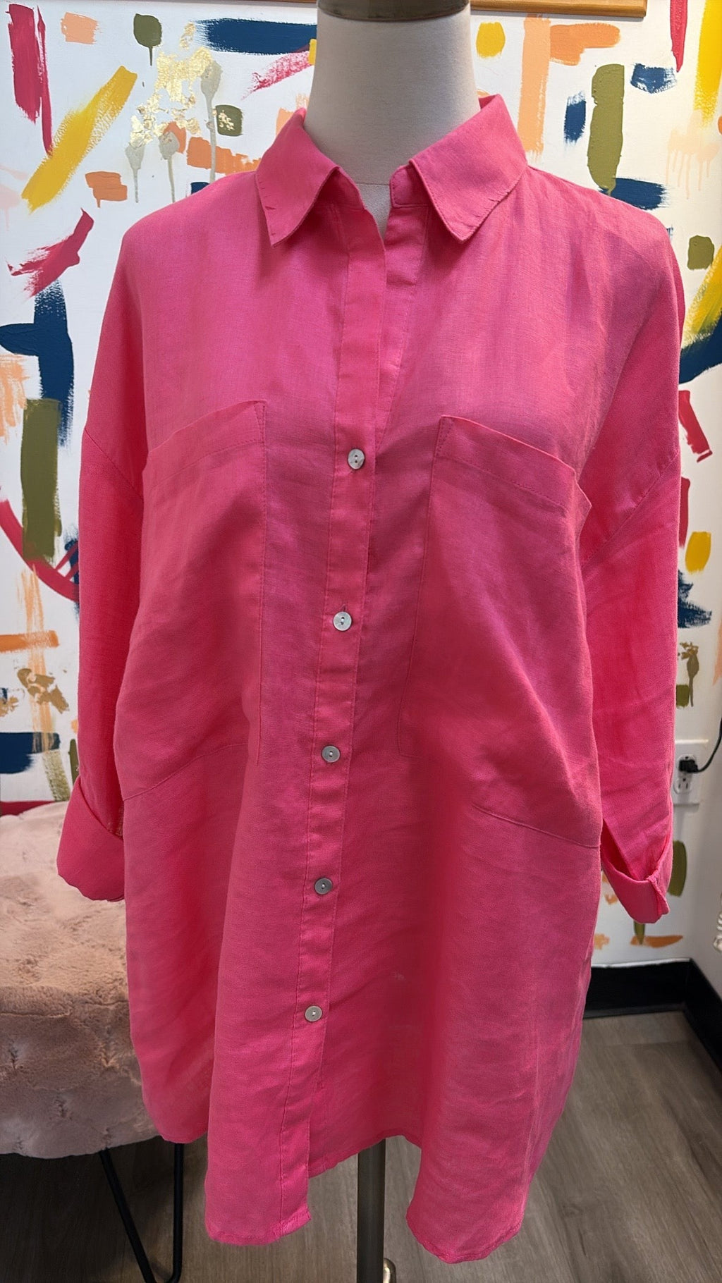 Magaschoni Pink 100% Linen Top, M