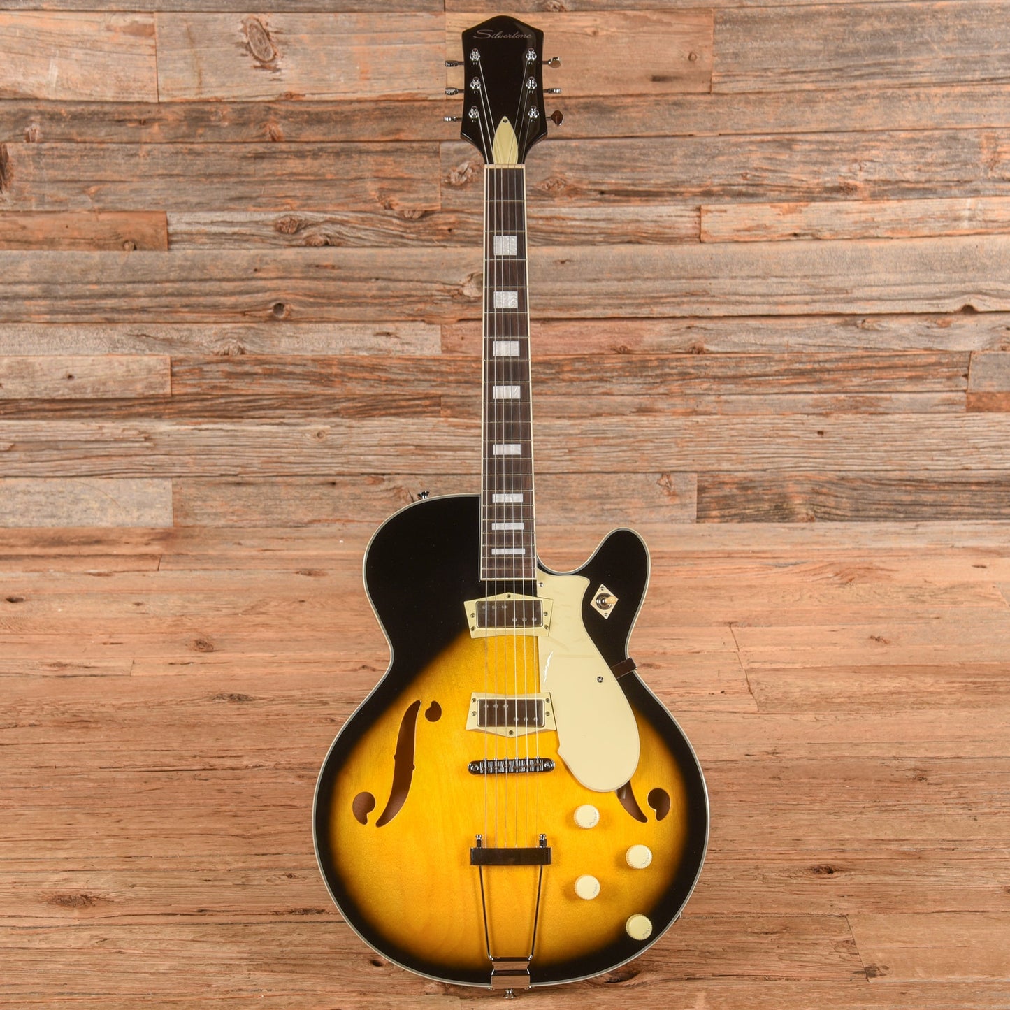 Silvertone 1446 TTSB Single Cut Semi-Hollow Electric Guitar w/ Trapeze Tailpiece Tobacco Sunburst