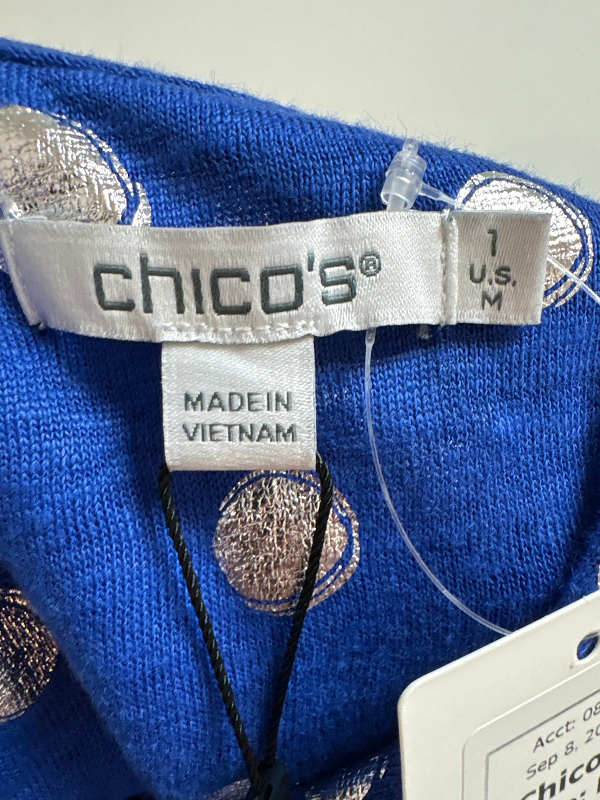 New Chico's Blue Foil Dot Top, M