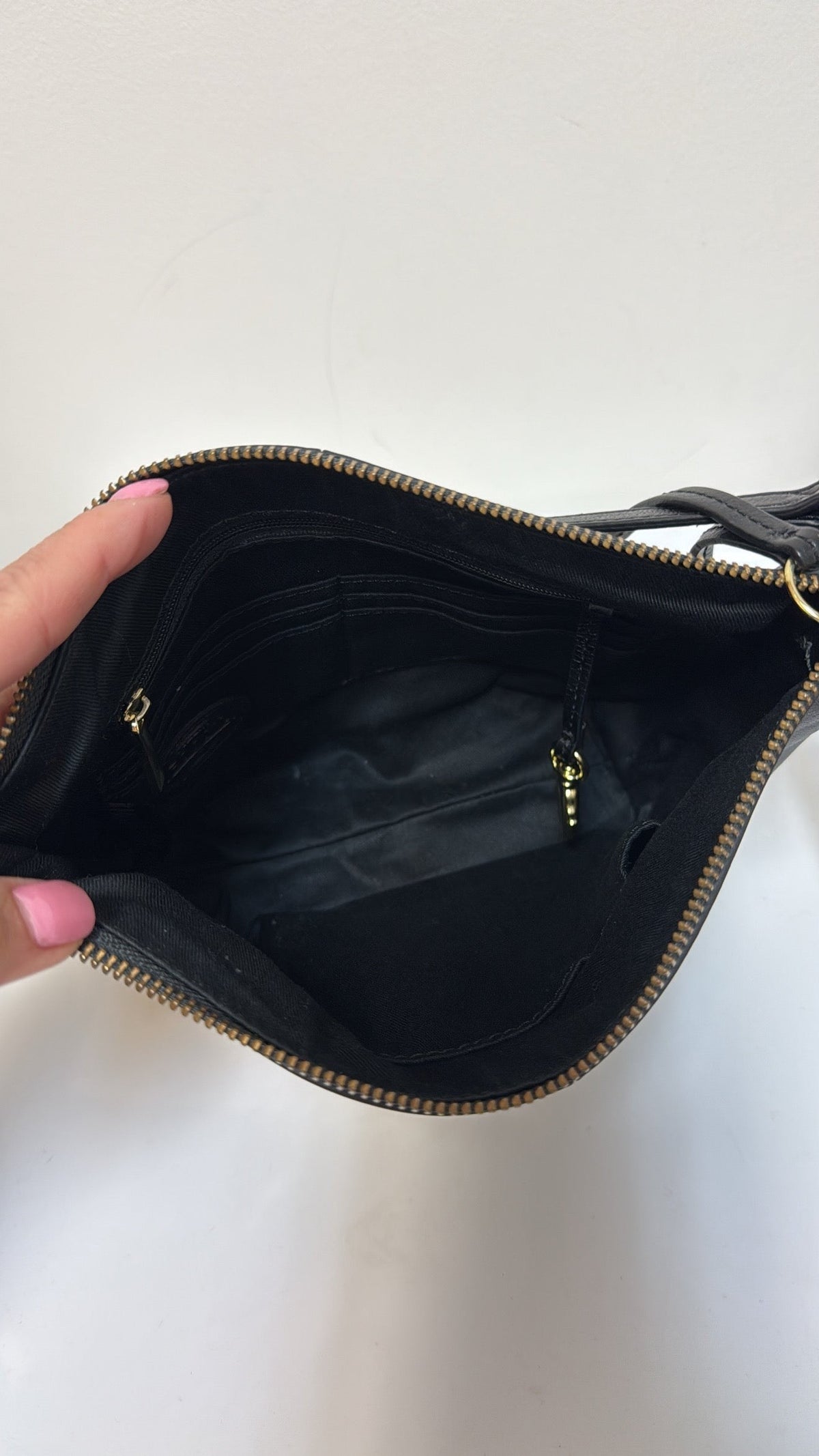 Fossil Black/Gold Leather Crossbody Bag, 10"x7"